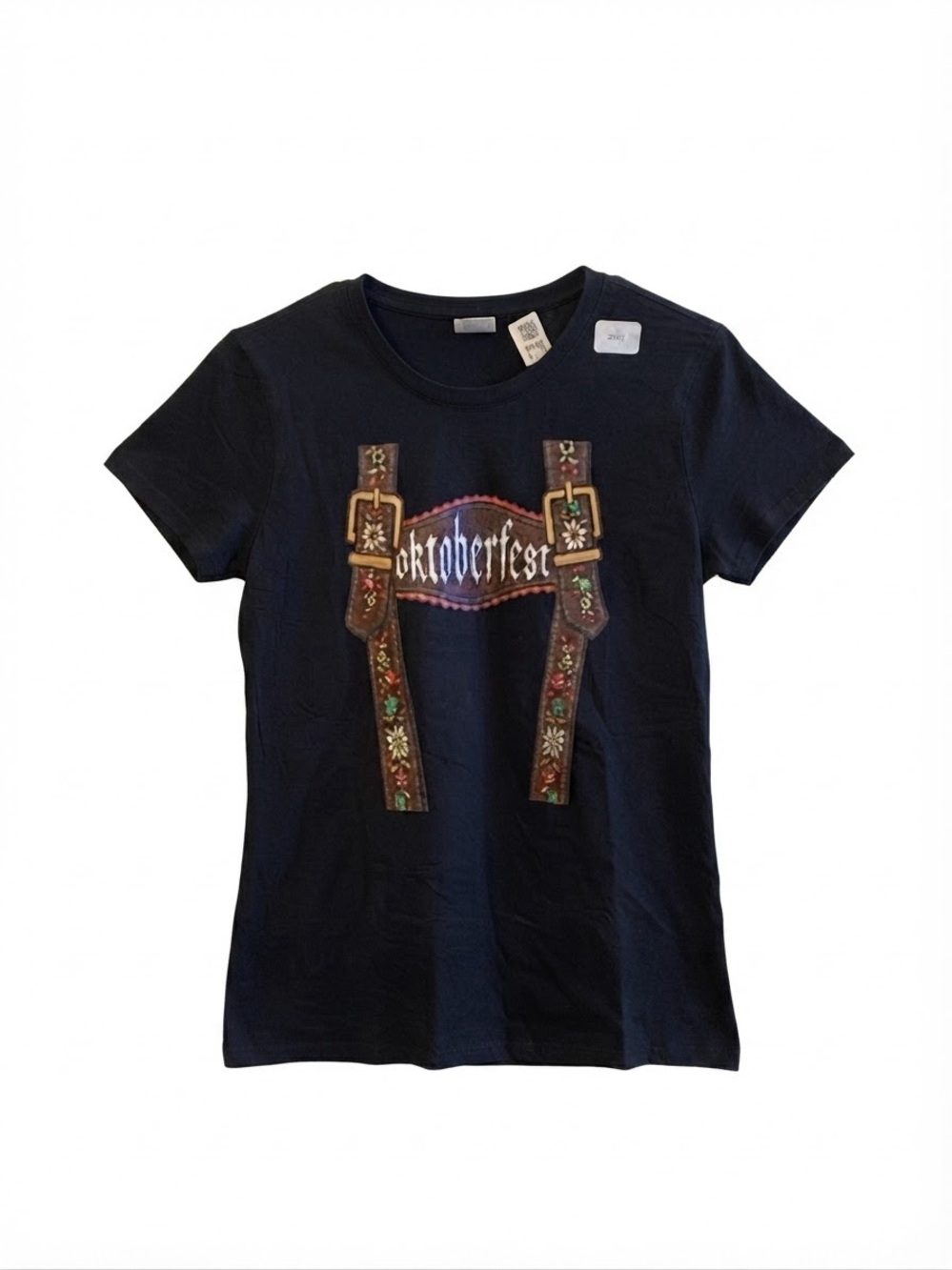 Oktoberfest Lederhosen Suspenders Bavarian Beer Ladies' Crew Neck T-Shirt Sz S